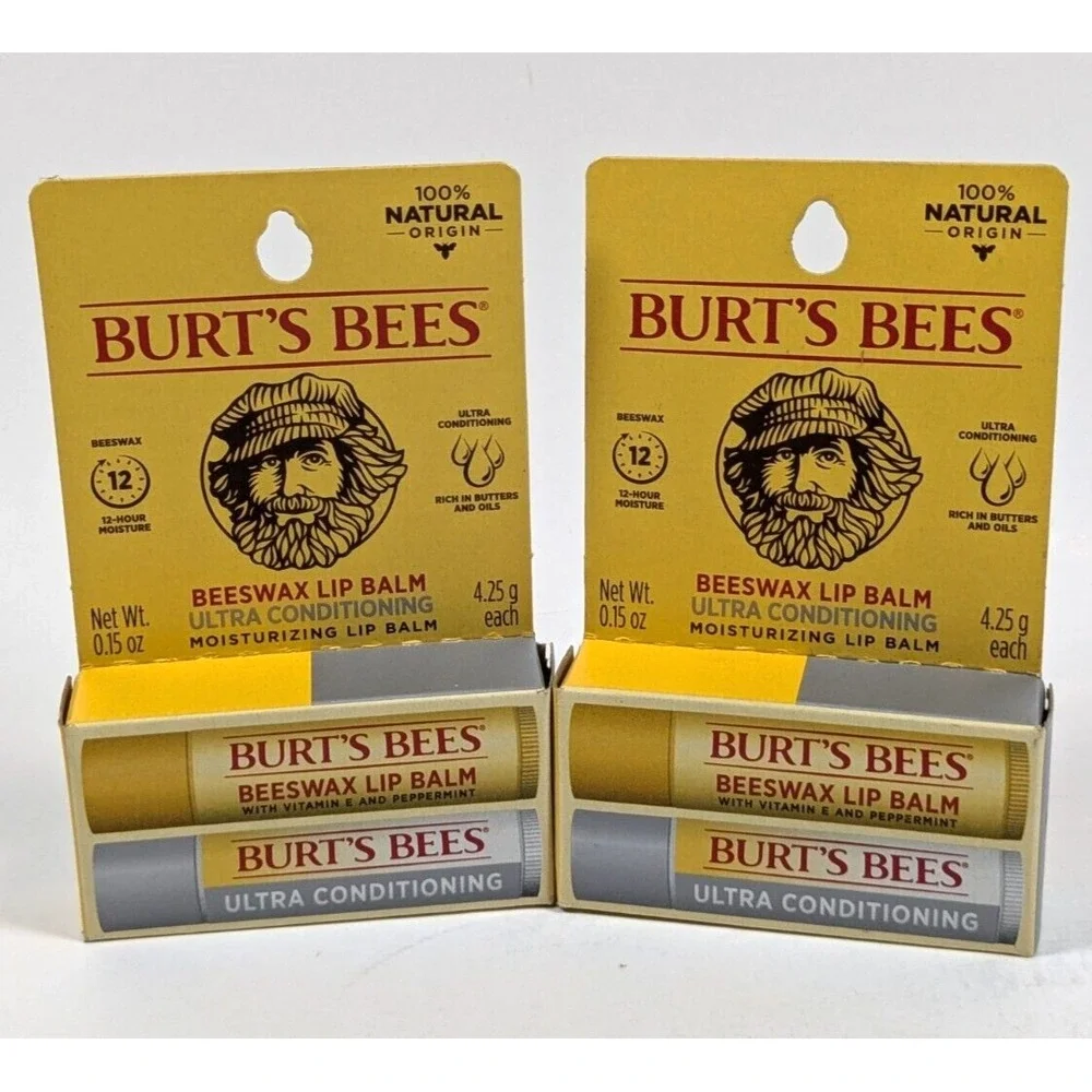 Burt's Bees Beewax & Ultra Conditioning Moisturizing Lip Balm 2 Pks of 2 Each